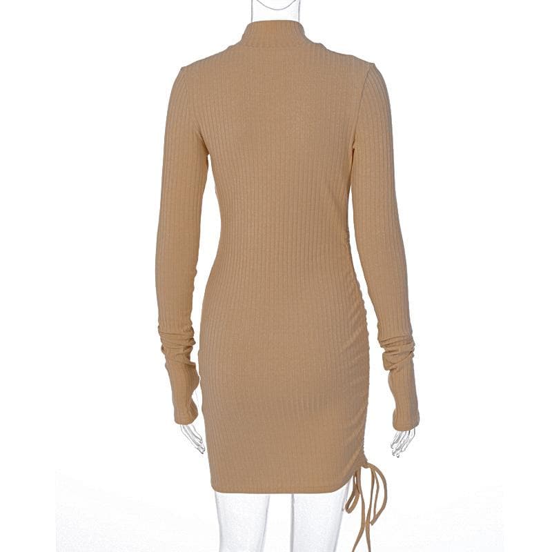 Long Sleeve High Neck Drawstring Ruched Ribbed Knit Mini Dress