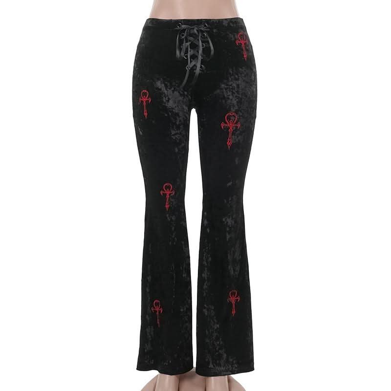 Lace up velvet embroidery medium rise pant