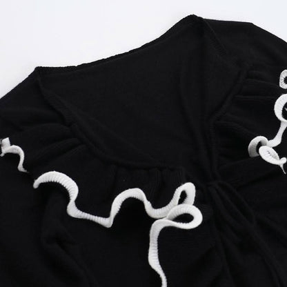 Long flared sleeve ruffle v neck self tie ruched top