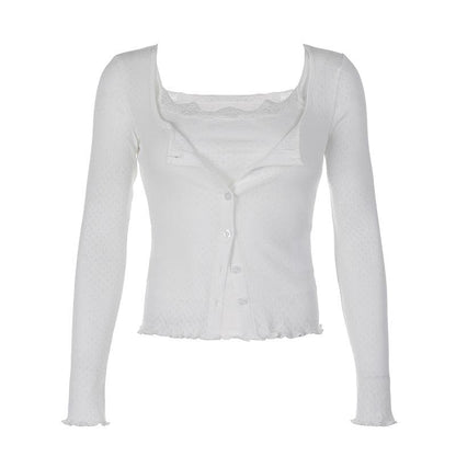 Button ruffle long sleeve lace hem textured solid 2 piece top