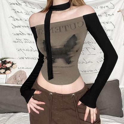 Butterfly pattern contrast off shoulder long sleeve top-final-sale