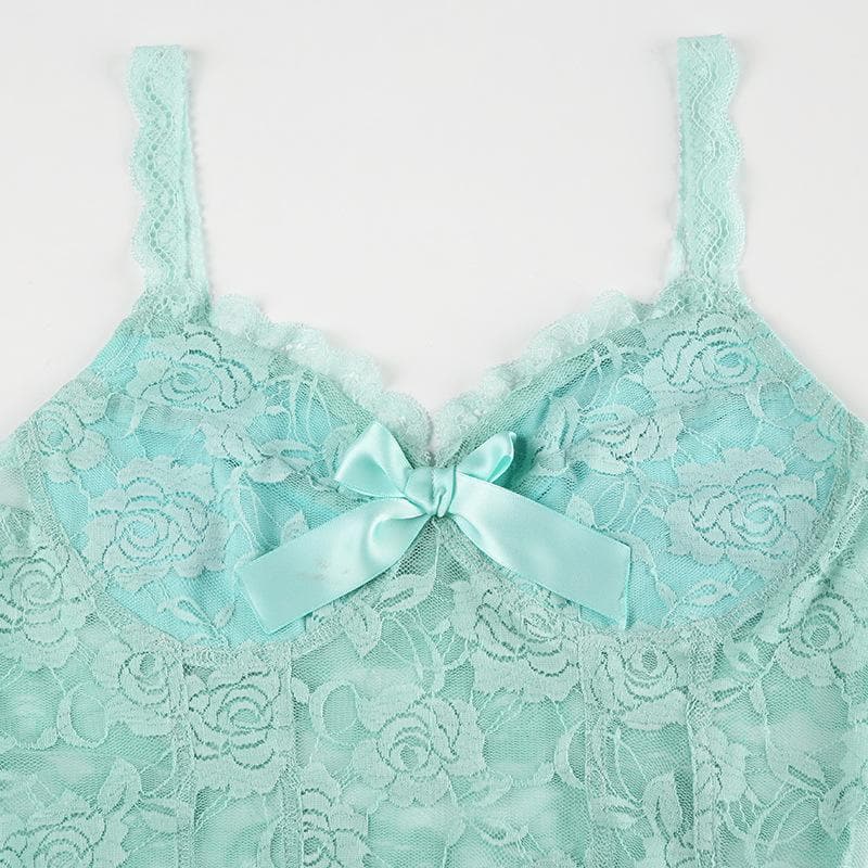 Lace flower pattern bowknot ruffle cami top