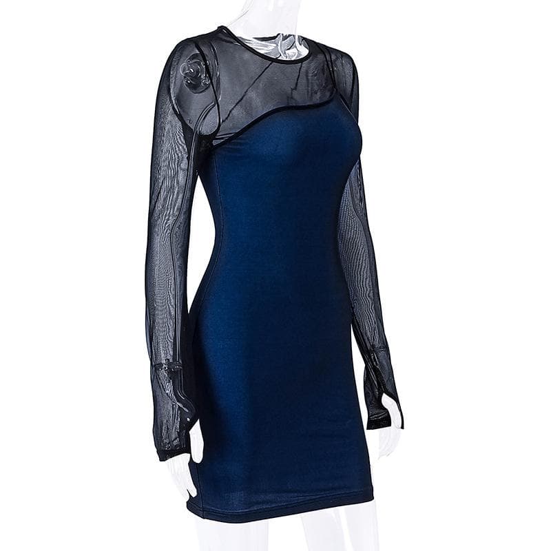 Mock Neck Mesh Long Sleeve Thumbhole Contrast Panel Bodycon Mini Dress