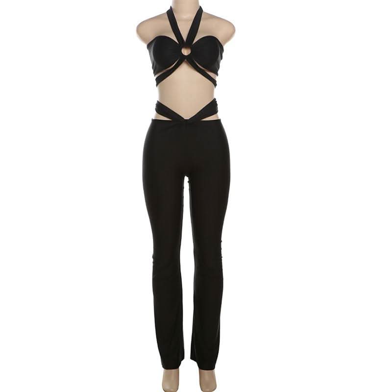 Halter hollow out ruched low rise crop pant set