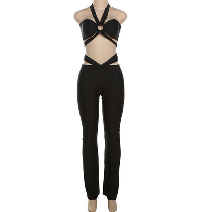 Halter hollow out ruched low rise crop pant set