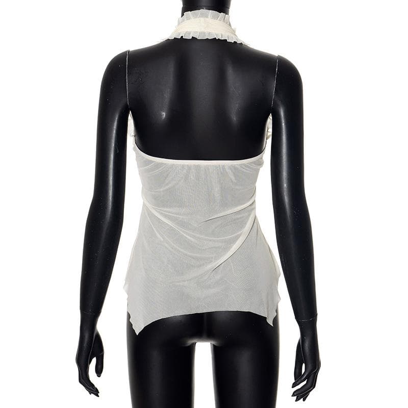 Halter lace hem ruffle butterfly embroidery mesh top