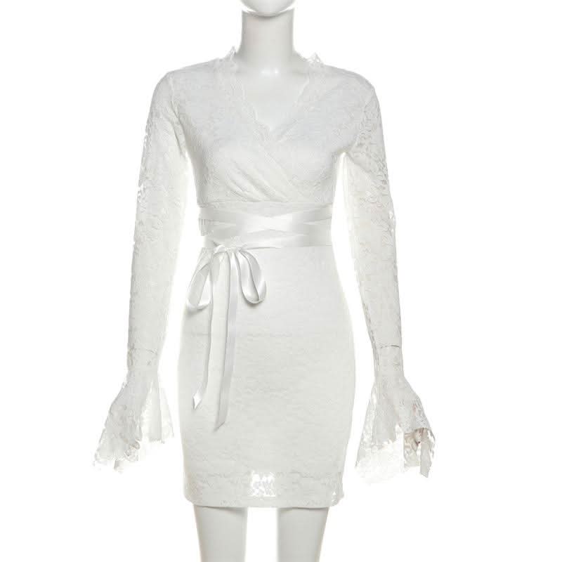 Long flared sleeve v neck lace self tie mini dress
