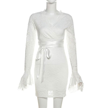 Long flared sleeve v neck lace self tie mini dress