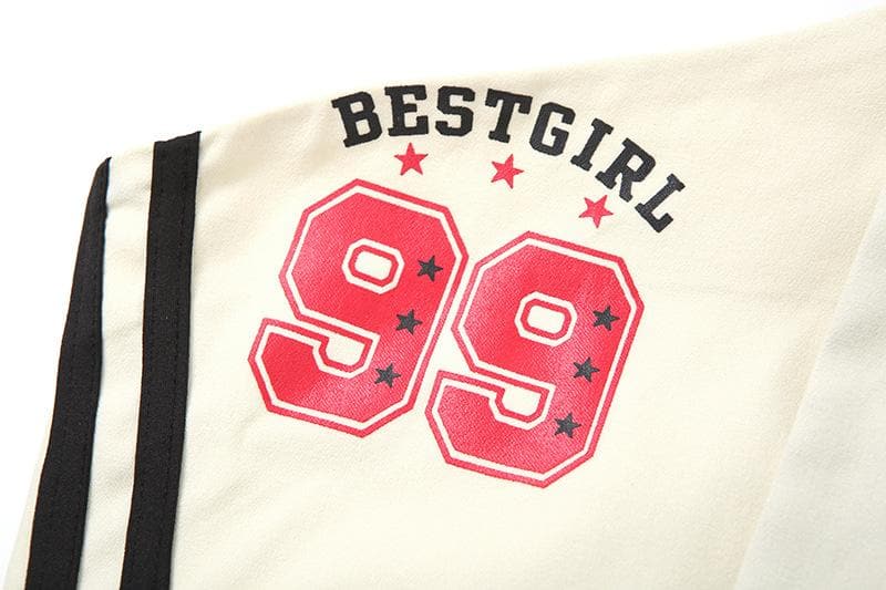 Halter button “99” pattern contrast backless crop top