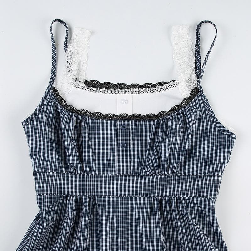 U neck plaid print patchwork lace hem ruffle top