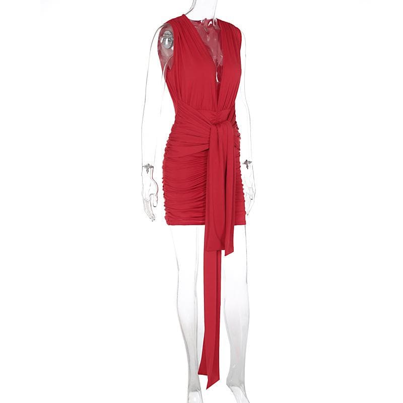 Deep V neck ruched solid mini dress
