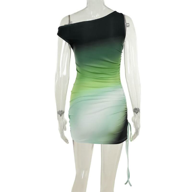 One shoulder gradient ruched drawstring mini dress