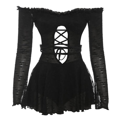 Off shoulder long sleeve hollow out self tie cut out mini dress