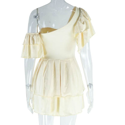 Off shoulder padded solid ruffle mini dress