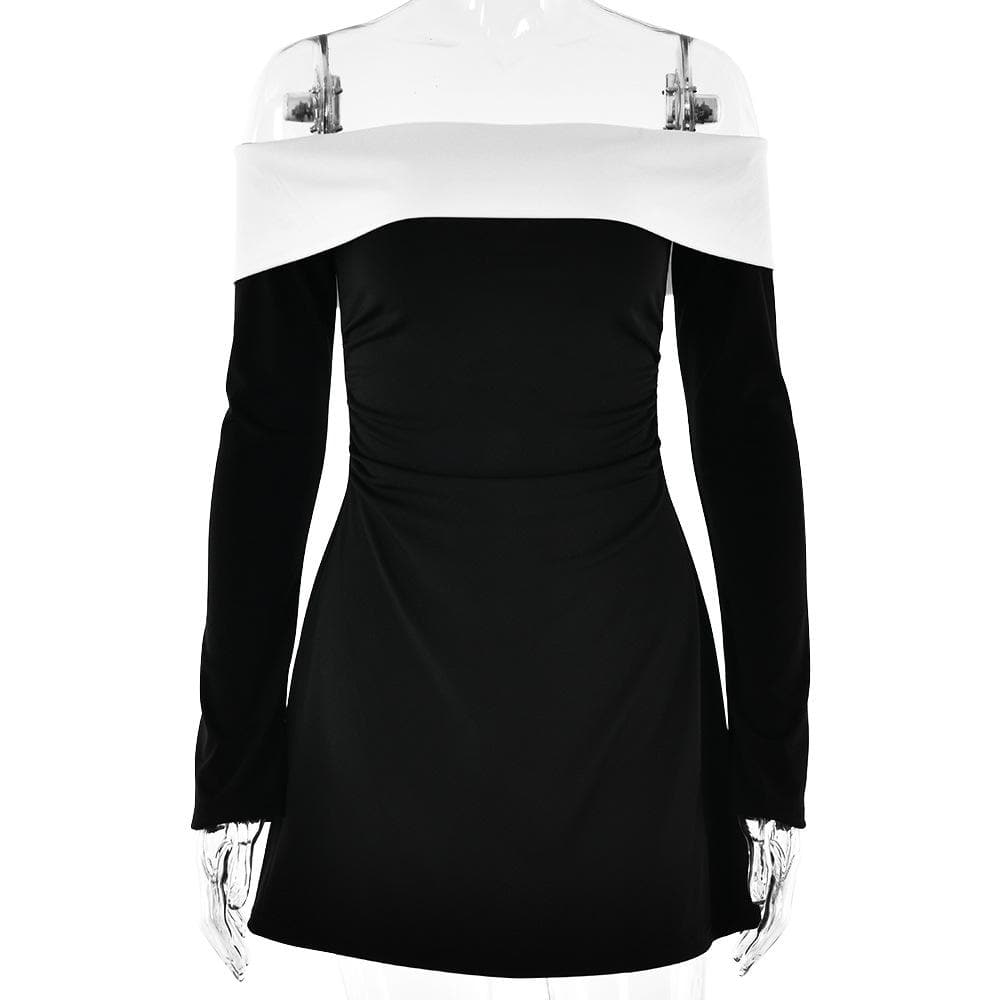 Long sleeve off shoulder patchwork backless mini dress