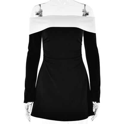 Long sleeve off shoulder patchwork backless mini dress