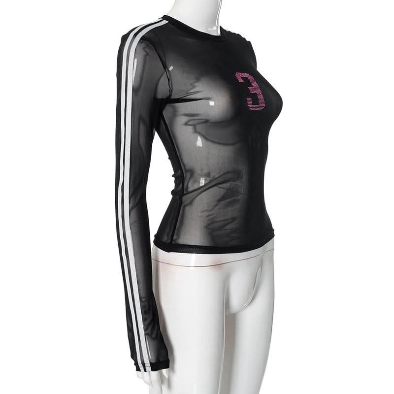 Long sleeve crewneck mesh beaded top