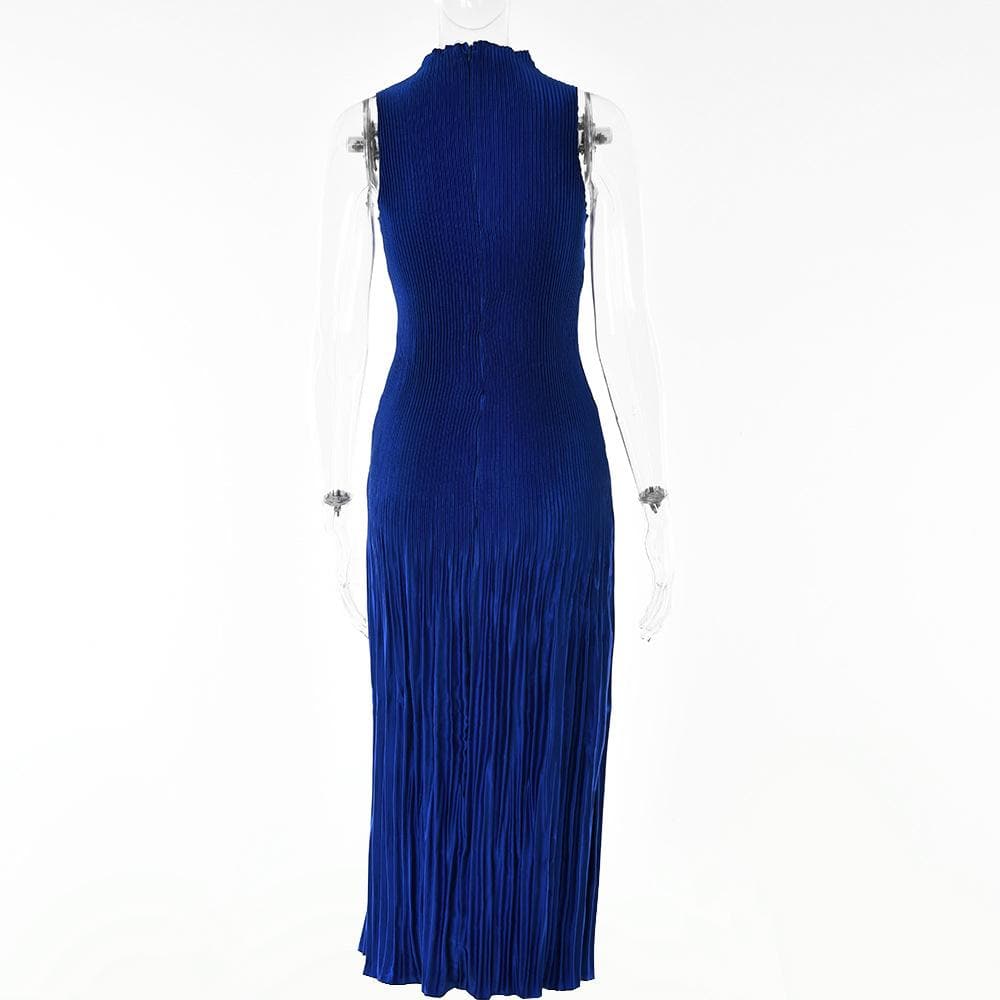 Plisse Pleated Mock Neck Sleeveless Bodycon Midi Dress