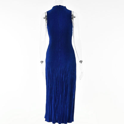 Plisse Pleated Mock Neck Sleeveless Bodycon Midi Dress