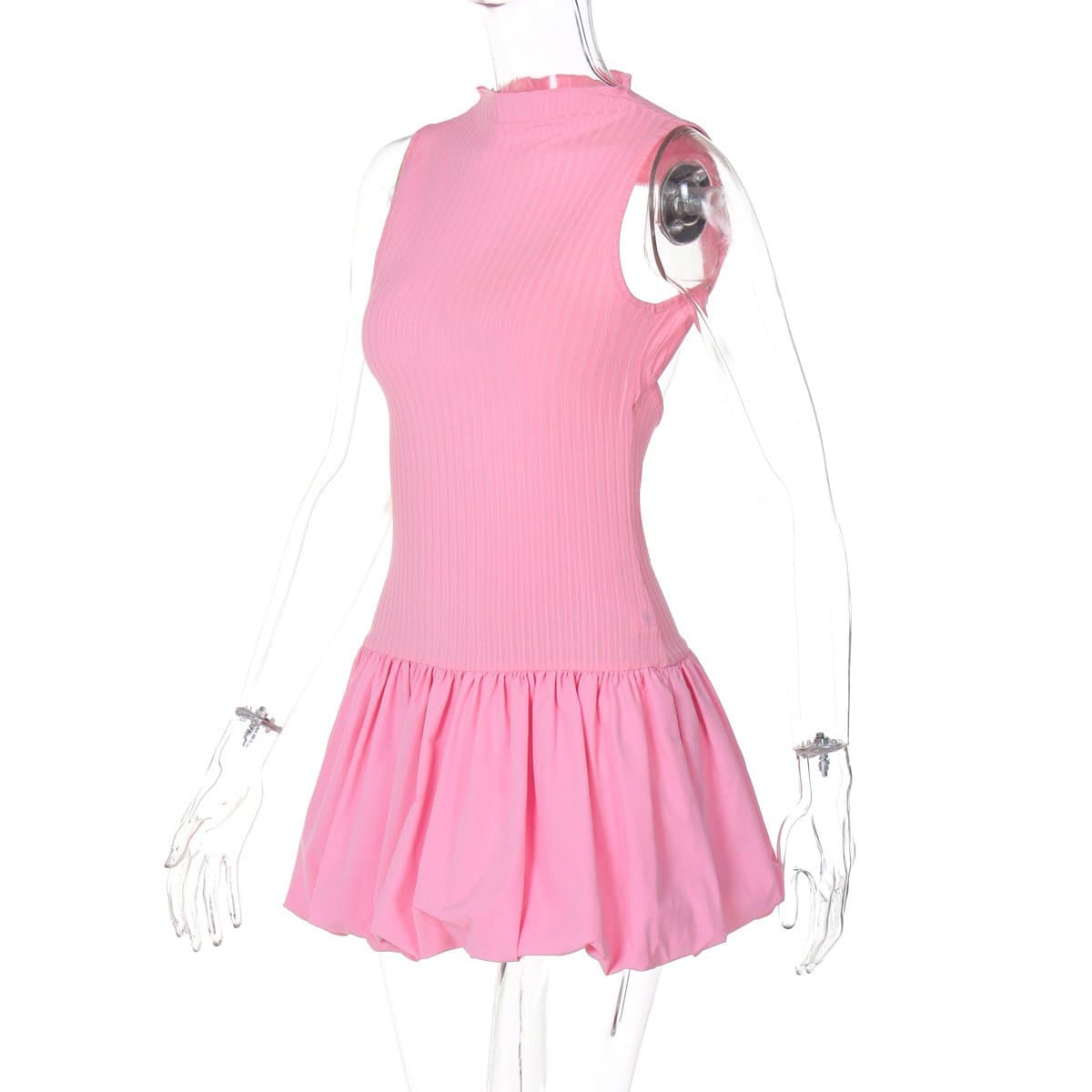 Sleeveless high neck ruched ribbed mini dress
