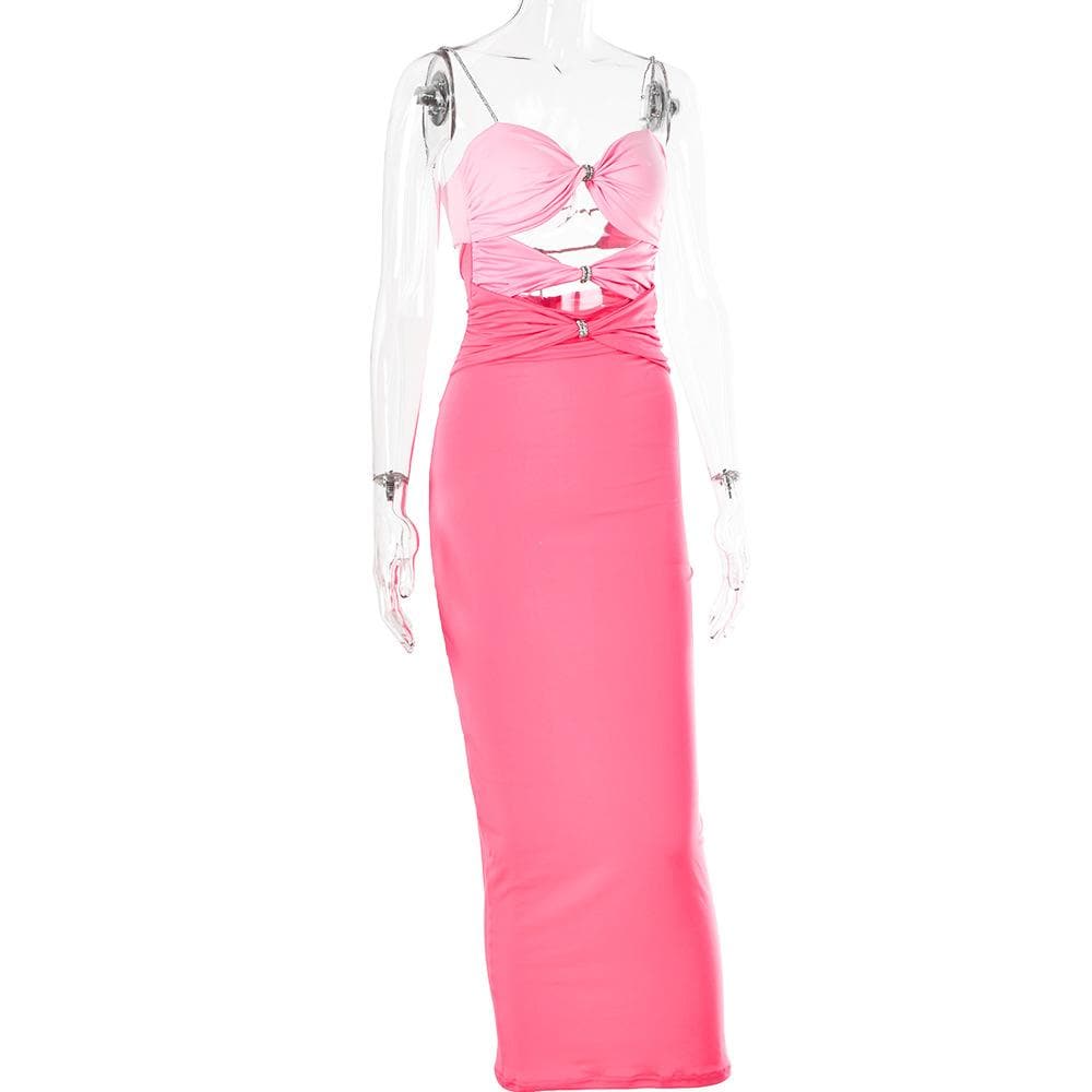 Hollow out contrast patchwork bowknot backless self tie cut out maxi dress