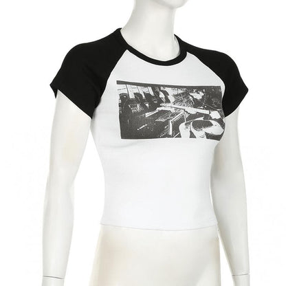Short sleeve crewneck ribbed print top