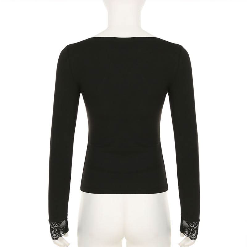 Long sleeve lace hem square neck solid top