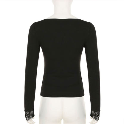 Long sleeve lace hem square neck solid top