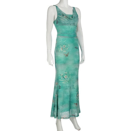 Cowl neck mesh butterfly print ruched cami maxi dress
