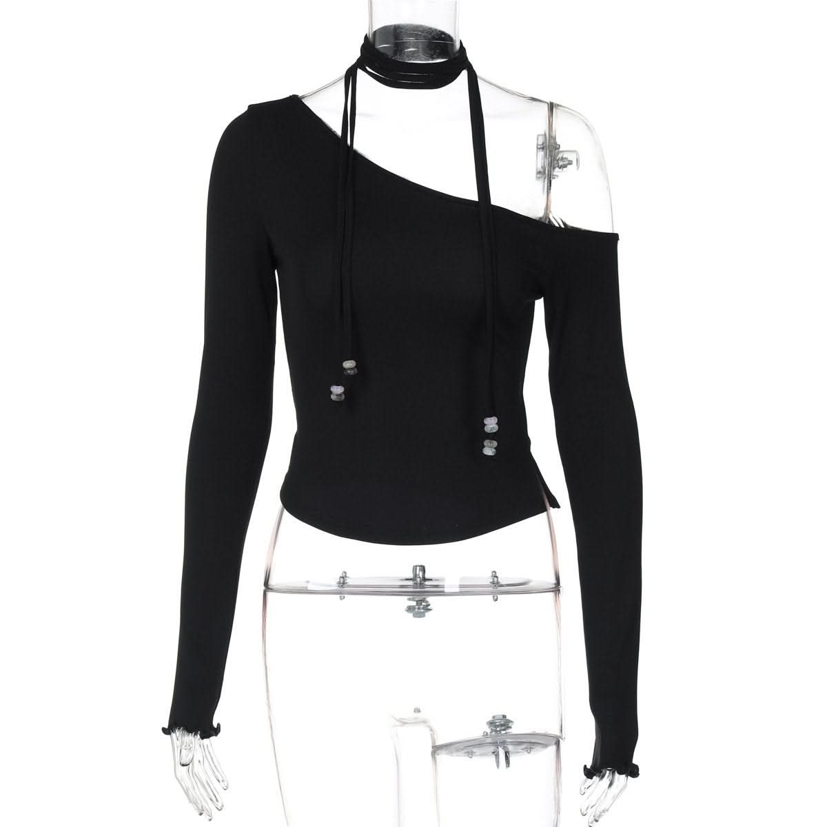 Halter one shoulder long sleeve beaded solid top