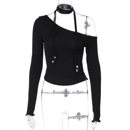 Halter one shoulder long sleeve beaded solid top