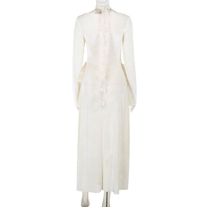 Long sleeve slit square neck lace ruched maxi dress