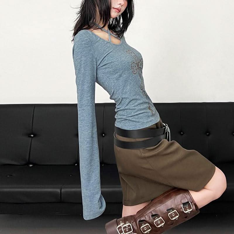 Halter long sleeve self tie beaded top