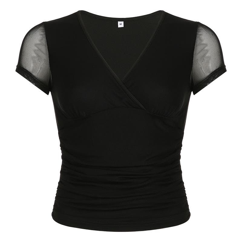 Short sleeve v neck mesh ruched solid top