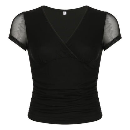 Short sleeve v neck mesh ruched solid top
