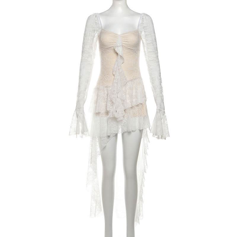 Long flared sleeve lace ruffle mini dress