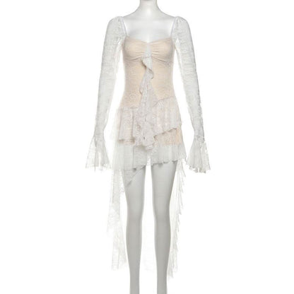 Long flared sleeve lace ruffle mini dress