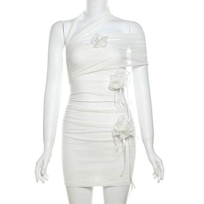 Halter flower applique mesh mini dress