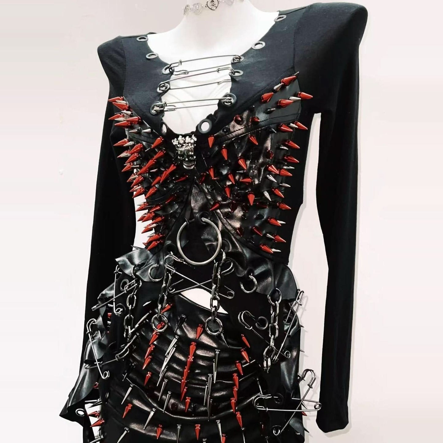 Long sleeve rivet metal chain PU leather mini skirt set