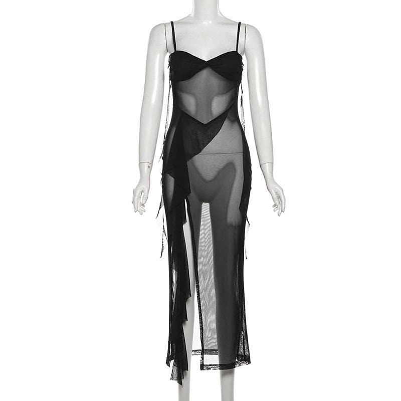 Sweetheart neck ruffle high slit sheer mesh cami midi dress