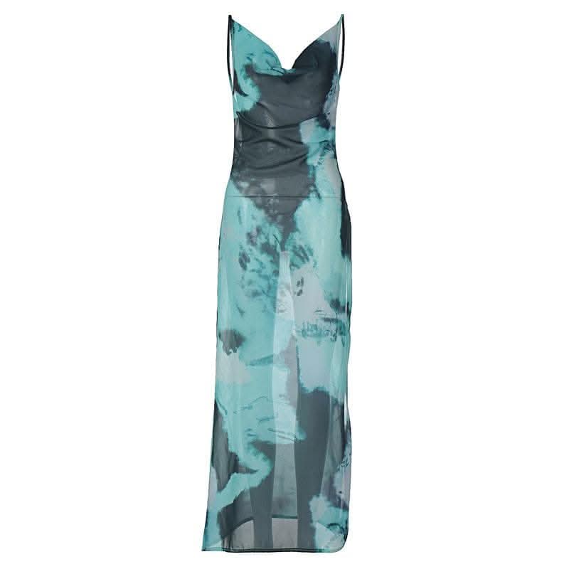 Slit chiffon tie dye contrast backless cowl neck cami maxi dress-final-sale