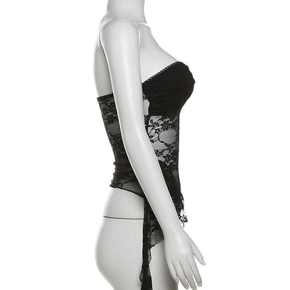 Ruffle lace backless solid tube top