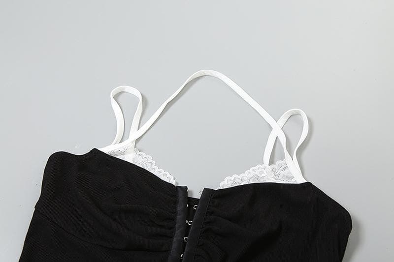 Halter lace hem button patchwork ribbed cami top