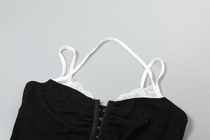 Halter lace hem button patchwork ribbed cami top