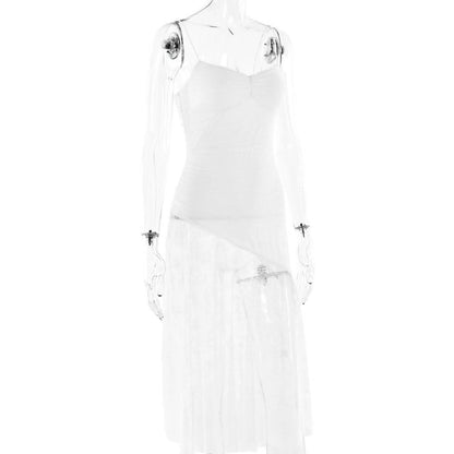 V neck ruched irregular lace spaghetti strap midi dress