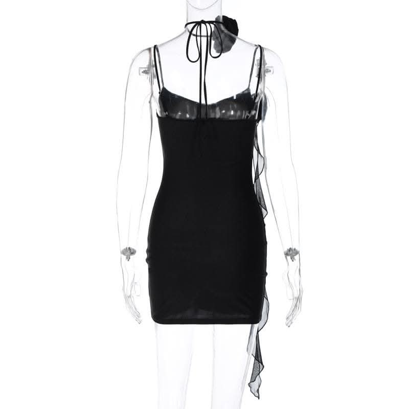 Flower applique solid backless v neck ribbon cami mini dress-final-sale