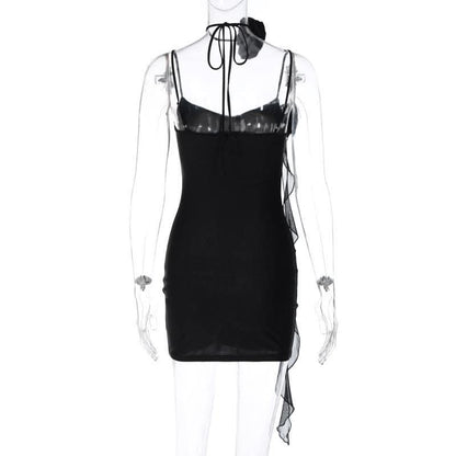 Flower applique solid backless v neck ribbon cami mini dress-final-sale