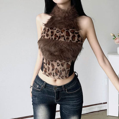 Halter high neck fluffy leopard print top