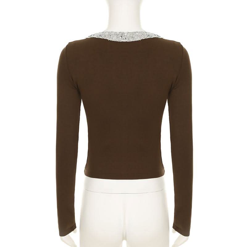 Long sleeve glitter hollow out cut out top