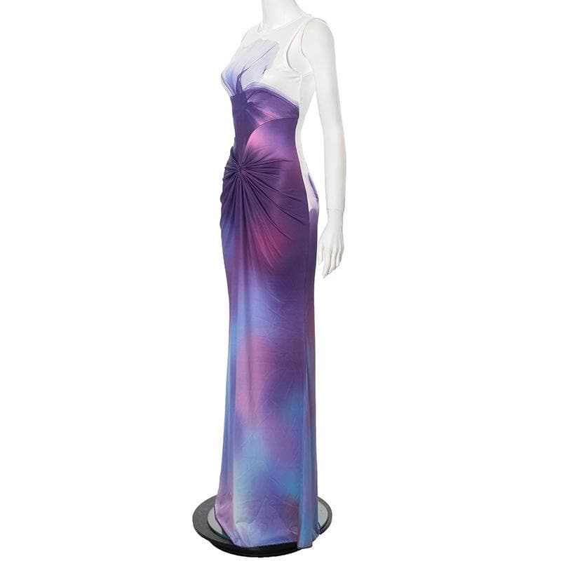 Sleeveless tie dye o ring ruched maxi dress